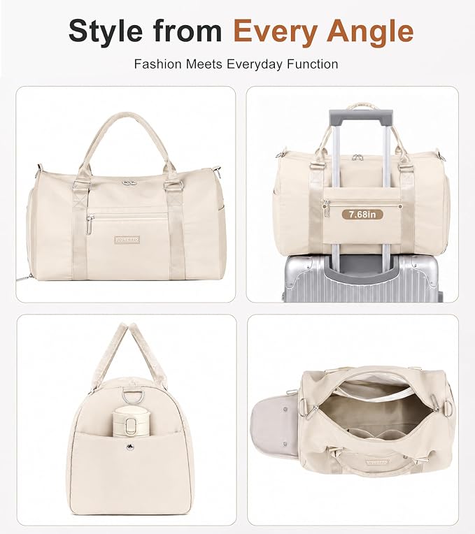 FIORETTO Womens Gym Tote Duffle Bag with Wet Pocket & Shoe Compartment, Sports Duffel Overnight Weekender Hospital Workout Carry on Bag for Girls, Ideal for Travel, Swimming, Dance, Ballet Beige