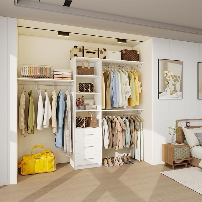 Closet System with Drawers, 5FT-8FT Closet Organizer System with Shelves & Adjustable Hanging Rods, 91.3" Walk in Closet System Storage Wood, White