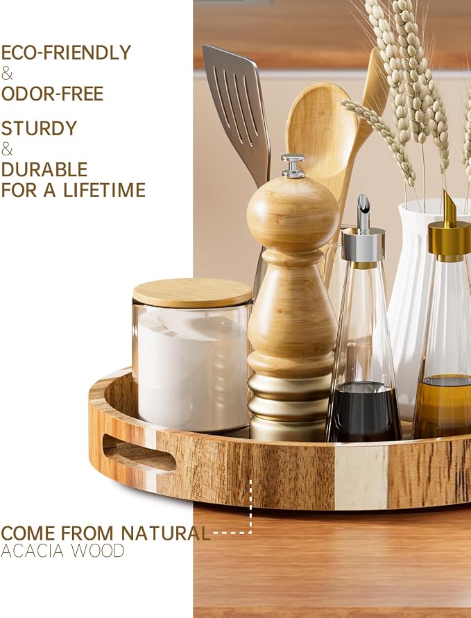 12" Acacia Wood Lazy Susan Turntable Organizer, Double Handle Cabinet Organizer with High Rim，Round Wooden Lazy Susan for Table Top Cabinet Pantry Countertop Cupboard Organization