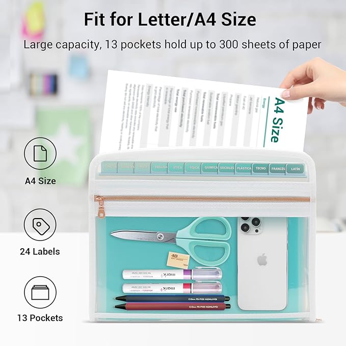 Mukawa 13 Pocket Expanding File Folder, Zipper Accordion File Folder, Expandable Folder with Customized Labels, Document Organizer for School Kids, Office Paper Organizer, Letter Size (Green)