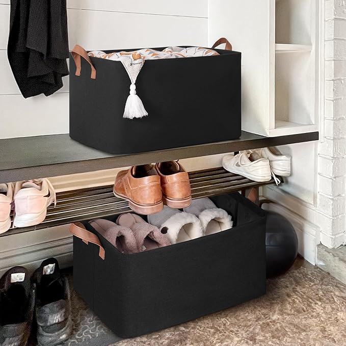 CHICVITA Storage Baskets for Shelves, Extra Large Closet Storage Bins with Metal Frame, Foldable Toy Storage Organizer for Nursery, Living Room, 19" L x 13" W x 11" H, Black, 2-Pack