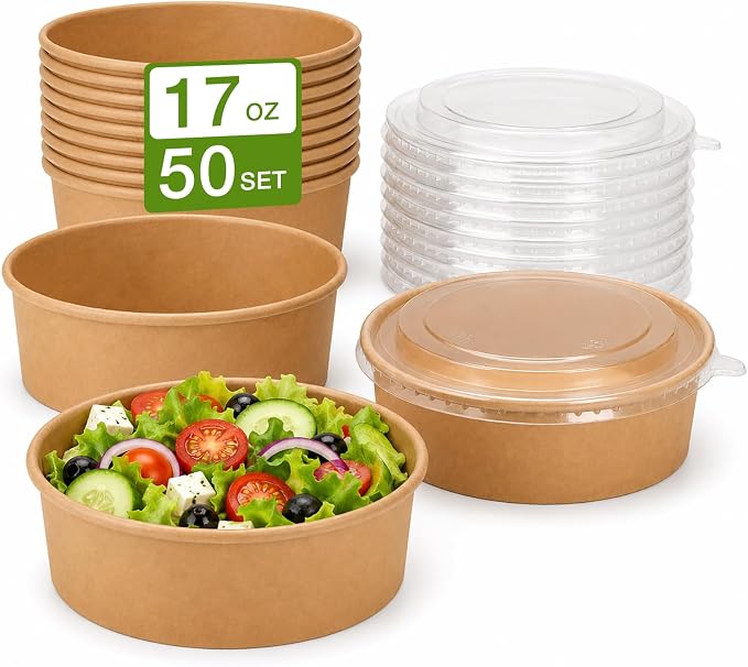 50pks 17oz Disposable Meal Prep Containers, Disposable Bowls with Lids | Disposable kraft paper bowls with lids, Waterproof, Safe for hot & cold food, Perfect for catering, parties, lunch takeout