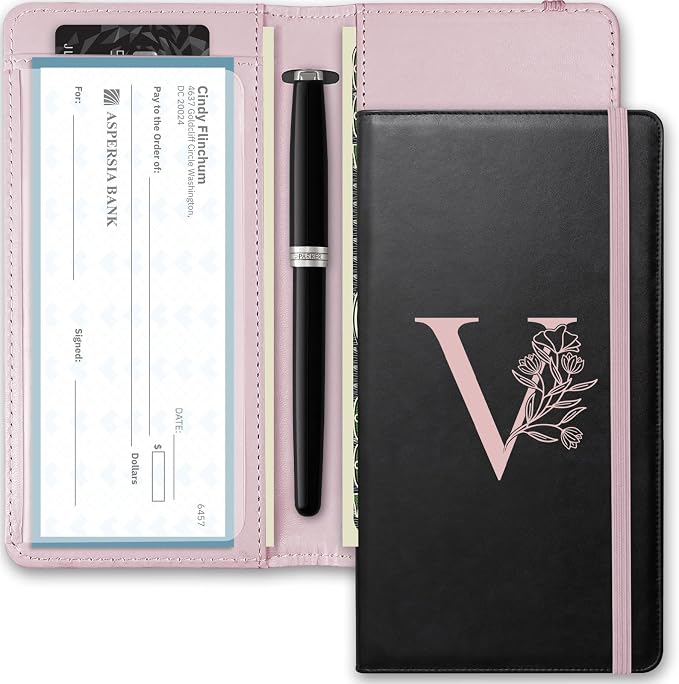 Letter Checkbook Cover, RFID Blocking Checkbook, Duplicate Checks with Pen Holder, Cards Slots, Multi-Functional Checkbook Holder for Personal and Business Checks