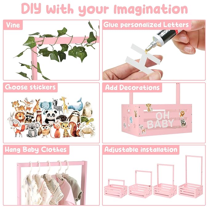 Large Baby Shower Gifts Basket Wooden Crate, Personalized Wooden Letters Hangers New Born Baby Girl Boy Pregnancy Gifts for New Mom Parents Vine Decorations Cute Closet with Adjustable Handle Pink