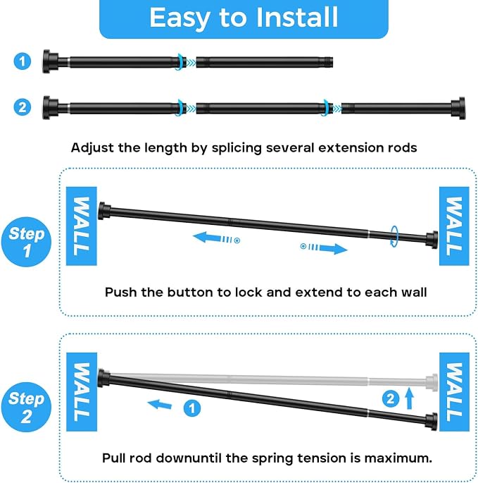 Shower Curtain Rod 31-49 Inch,7/8"Diameter Adjustable Spring Tension Curtain Rods No Drill,Matte Black Shower Tension Rod for Bathroom,Room Divider,Window,Anti-Rust Non-Slip 2-Pack