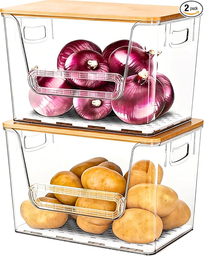 2 Set Pantry organizers and Storage,Trash Bag Holder Under sink Organizer for 4-13 Gal Bags,Trash Bag Dispenser with Bamboo Lids and Stackable Clear Bins for Potato, Onion, Garlic, Fruit, Vegetables