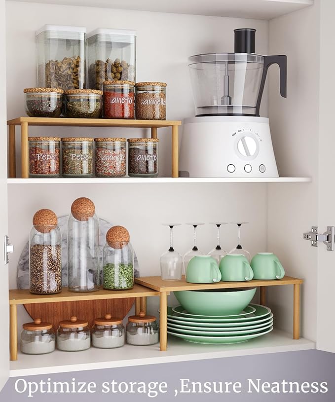 Cabinet Organizer Shelf(Set of 3),Bamboo Kitchen Counter Shelves for Countertop and Cabinet,Stackable Shelf Spice Racks,Large (Natural)