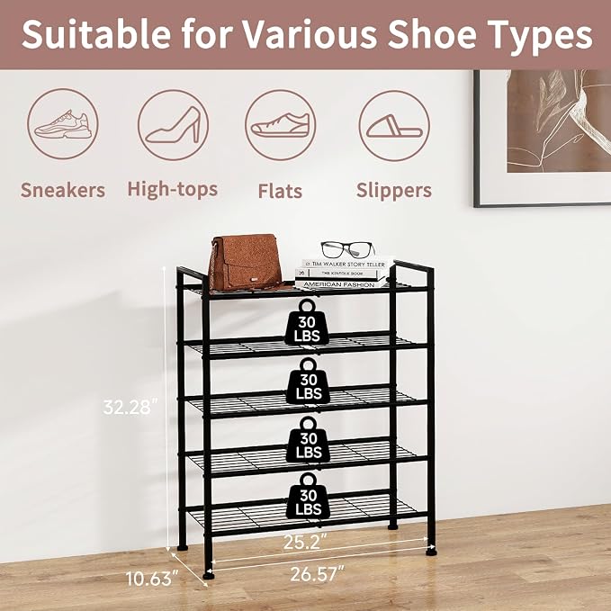 5-Tier Shoe Rack, Metal Storage Shelves for Closet Entryway | Tall Narrow Unit for Small Spaces, Multi-Purpose Organizer for Bedroom Garage, Easy Assembly, Black