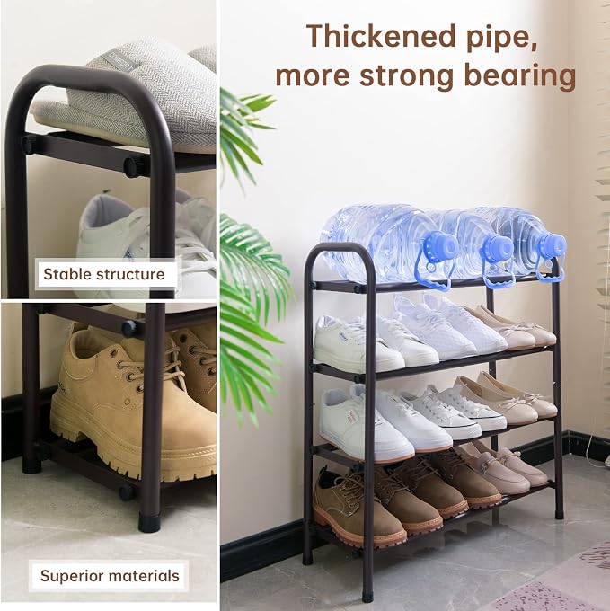 Gonfoam Expandable 4-Tier Shoe Rack for Closet and Entryway, Bronze | Tool-Free Assembly, Metal Material, Adjustable Shoe Organizer, Sturdy, Small Space Solution, Dorms, Garages, Apartments.