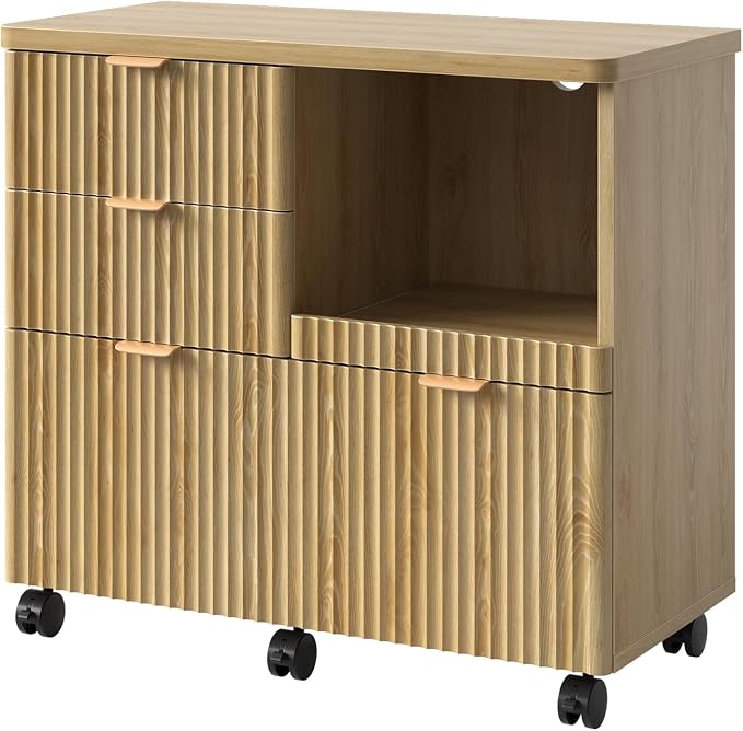 Bestier 3 Drawer File Cabinet, Decorative Fluted Wood Lateral Filing Cabinet with Caster for Home Office, Fits for A4/Letter/Legal-Sized Files, Printer Stand with Open Storage Shelves, Oak