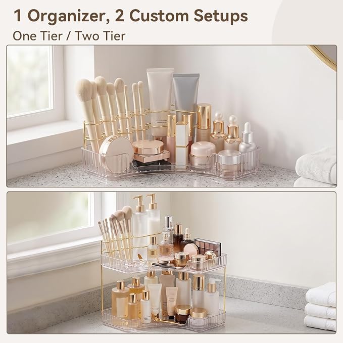 2-Tier Corner Bathroom Counter Organizer with Makeup Brush Holder, Clear | Large Makeup Organizers for Vanity, Corner Bathroom Countertop Organizer for Cosmetic Perfume Skincare Storage