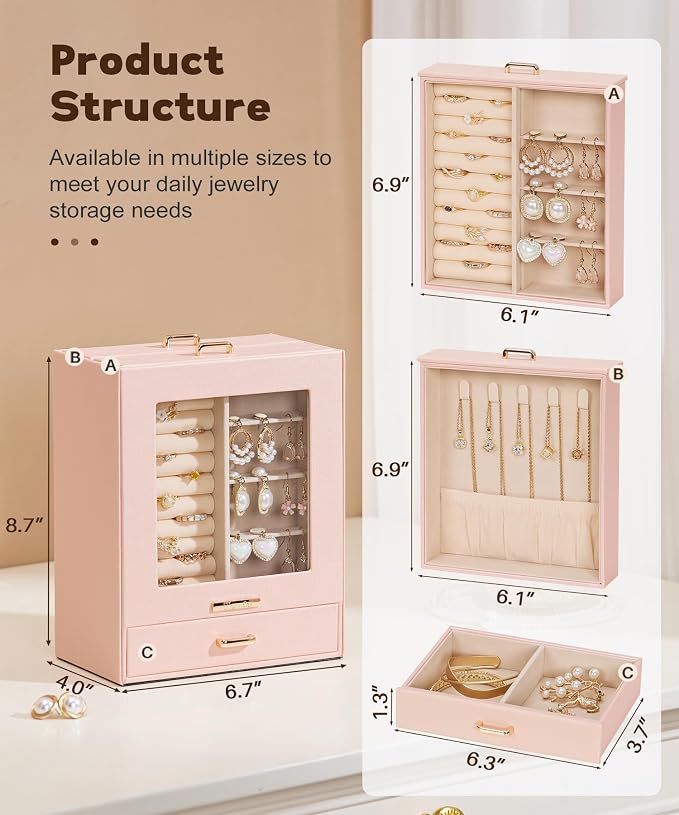 Homde Display Jewelry Box for Girls: Starter Organizer with Clear Window | Vertical Drawers for Earrings Rings Necklaces - Compact Footprint Fits Small Vanities - Birthday&Graduation Gift for Teens