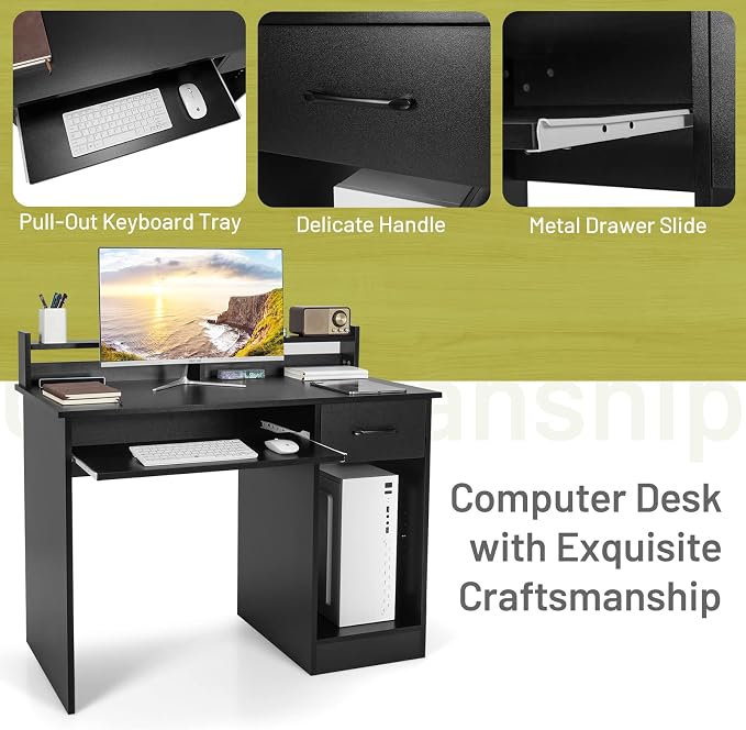Tangkula Computer Desk with Drawer & Keyboard Tray, 22 Inch Wide Modern Study Writing Desk with Desktop Hutch & Storage Shelves, Home Office Desk for Kids, Wood PC Laptop Desk, Desk for Bedroom