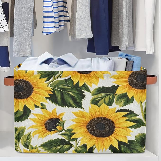 Rectangle Storage Baskets for Shelves, Bright Sunflower Print Storage Cube Organizer Bins Collapsible Toy Basket for Nursery Home Room