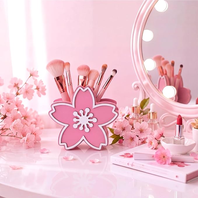 Tenceur Pink Cherry Blossom Holder for Desk Large Capacity Cherry Blossom Pencil Holder Coquette Supplies Desk Organizer Teacher Office Decor Makeup Brush Holders Back to School Gift for Girls Women