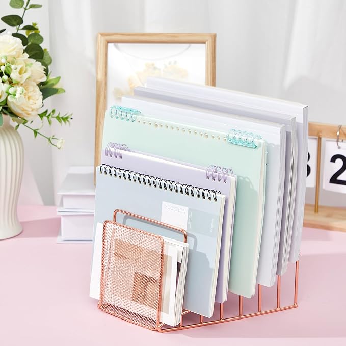 2 Pcs 7 Section Wire File Organizer for Desk, Metal Mesh Incline File Holder, Letter & Magazine Folder Rack, Desktop Paper Sorter for Home Office Back to School (Rose Gold)