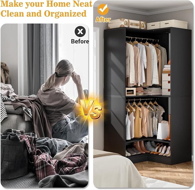 Homieasy Corner Closet System Modular with Upper & Lower Hanging Areas and Shoe Shelf, Corner Wardrobe Organizer, Easy Assembly, Anti-Tip Design, Perfect for Bedroom or Walk-In Closet, Black1