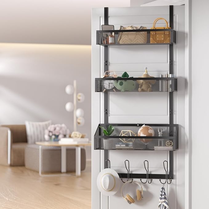 Over Door Hook Organizer 12 Hook Over The Door Organizer with 3 Mesh Baskets - Back of Door Storage Towel Rack Space Saving Storage Organizer for Bedroom, Bathroom, Kitchen, Pantry, Black