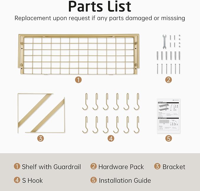KES 30-Inch Gold Pot Rack, Wall Mounted Hanging Pot and Pan Organizer | 12 Sturdy Hooks, Elegant Modern Kitchen Wall Hanger Shelves, KUR215S75A-GD
