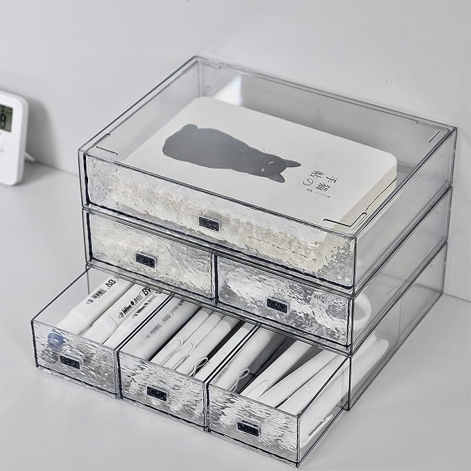 Desk Drawer Organizer, Stackable Plastic Storage Drawer, Grocery Organizer For Stationery/Office Supplies (New Clear, 3 Compartment)