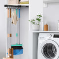 Pull Out Broom Holder With Adjustable Double Row Sliding Hook-Black 14.17in | High Load Capacity, Multifunctional Slide Broom And Mop Storage/Garage Organization Hooks, for Closet Laundry, kitchens