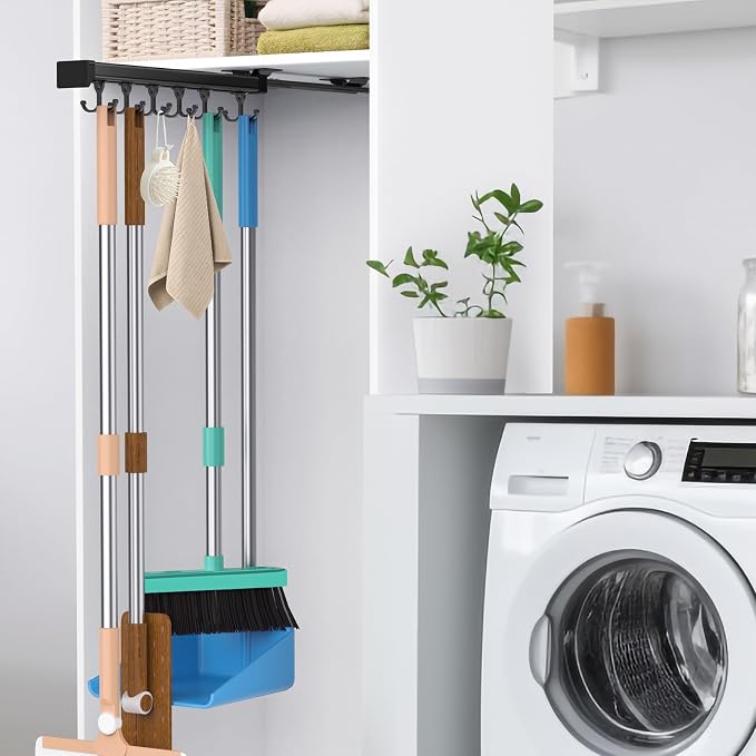 Pull Out Broom Holder With Adjustable Double Row Sliding Hook-Black 14.17in | High Load Capacity, Multifunctional Slide Broom And Mop Storage/Garage Organization Hooks, for Closet Laundry, kitchens