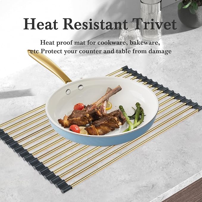 Gold Over Sink Dish Drying Rack - 17.7” x 13.4“Roll Up Dish Drying Rack, Silicone Wrapped Kitchen Rolling Dish Drainer, Anti-Slip Foldable Sink Rack Mat, Multipurpose Dish Racks For Kitchen Counter