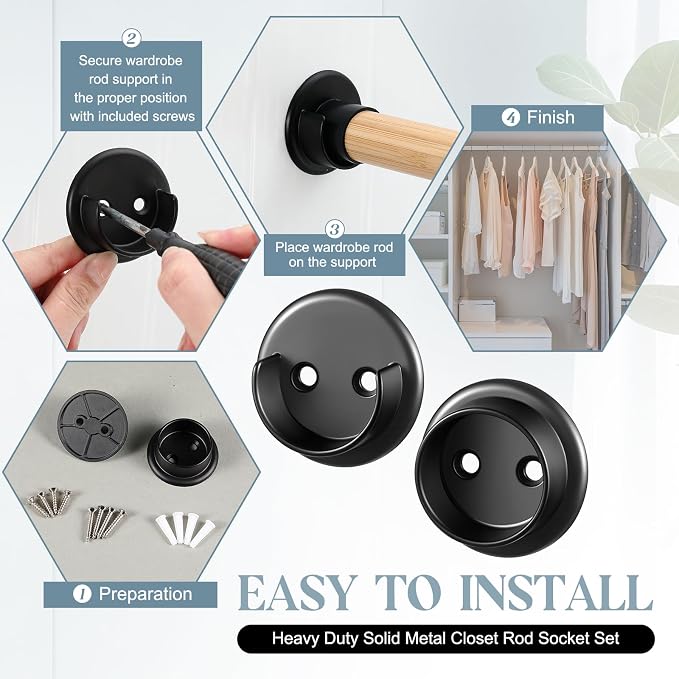 Yaocom 2 Pairs Matte Black Metal Closet Rod Bracket Set Heavy Duty Shower Curtain Closet Pole Socket Accept 1-3/8 Diameter with Screw on Attachment for Wardrobes Shelf