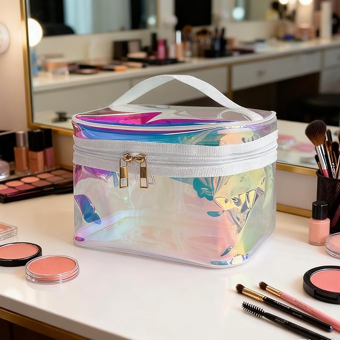 Waterproof Holographic Blue PVC Makeup Bag with Handle - 8.66 * 5.51 * 5.51 inch Travel Cosmetic Organizer for Women Men Toiletry Pouch (Holographic Blue - L)