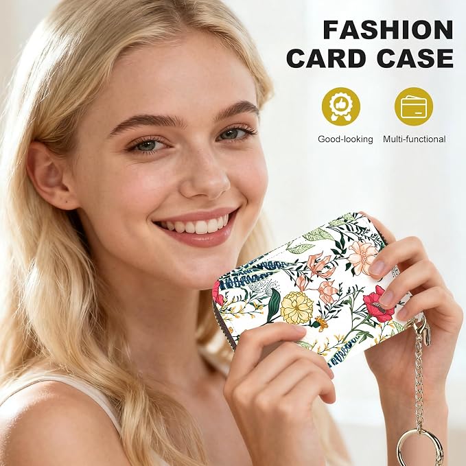 Credit Card Holder for Women,Small Rfid Wallet with Keychain Zipper,Cute PU Leather Card Case Wallet，Accordion Credit Card Wallets Gift,Red and Yellow Flower C
