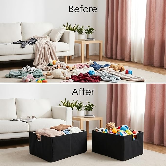 2 PACK Black Basket Black Storage Baskets Linen Decorative Storage Bins with Wooden Handles Foldable Rectangular Storage for Shelves, Closets, Home, Office