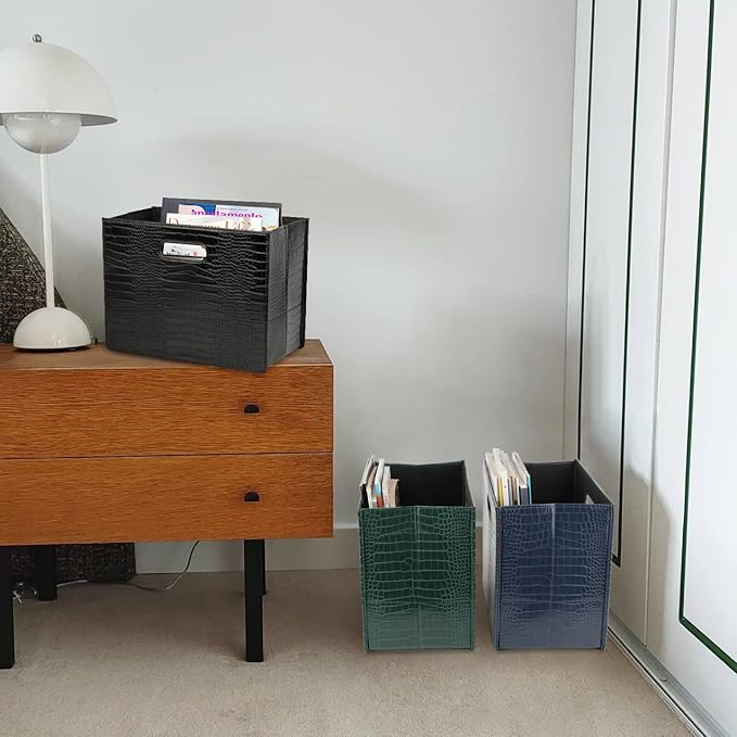 HofferRuffer Magazine Basket Holder, Foldable Magazine Rack, Document File Holder Organizer, File Folder, Newspaper Storage Bin Organizer for Home or Office (Black Croco)