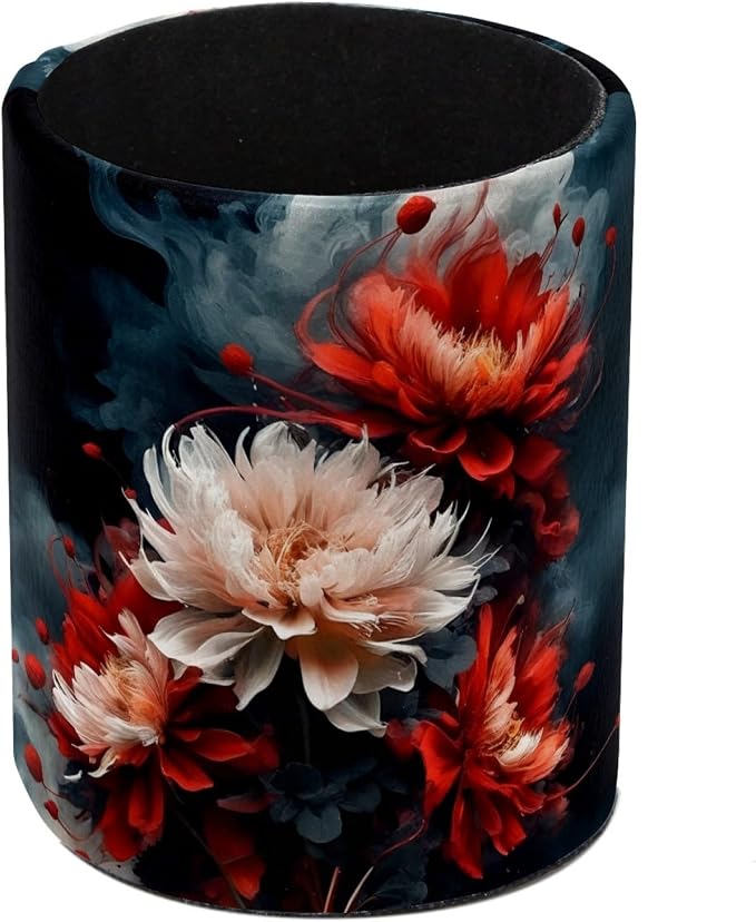 Vintage Red and White Flower Pen Holder Pencil Organizer for Desk, 3.1” x 3.1” x 3.9” Pencil Cup Office Supplies, Large Capacity Cute Pen and Makeup Brush Holder for Home, School, Desktop