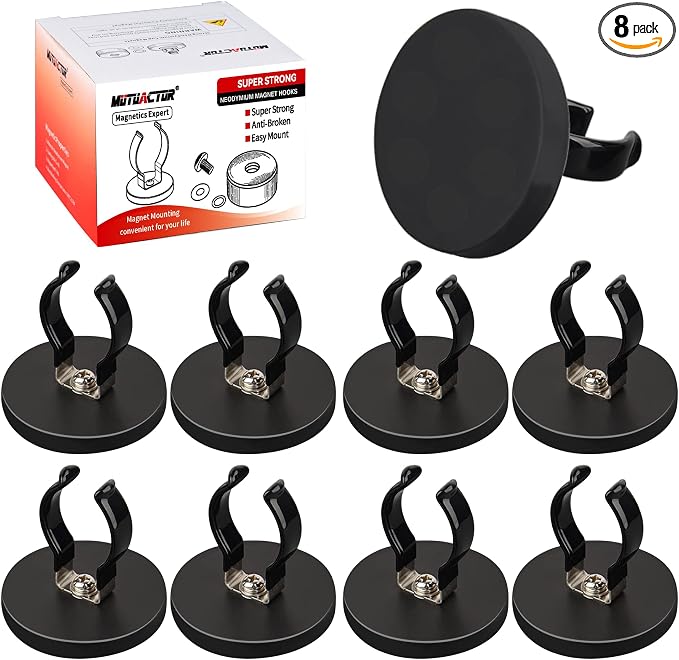 MUTUACTOR Universal Magnetic Mount Heavy Duty Hooks for Flashlight Holder,Anti-slipLarge Opening Durable Magnets Flexible Clamps for Garage Organize Garden Workshop Tools Storage,8PCS