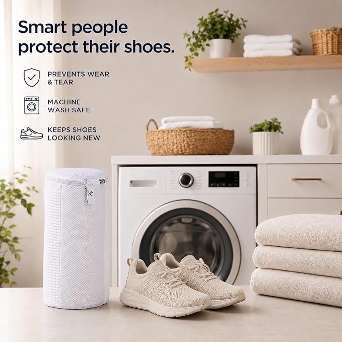 EPSCY Shoe Washing Machine Bags - Reusable Sneaker Laundry Shoe Bag with 360° Deep Clean Mesh - Self Locking Zipper, Noise Reduction Washing Bag Fits All Shoes Sizes and Types - White, Pack of 2