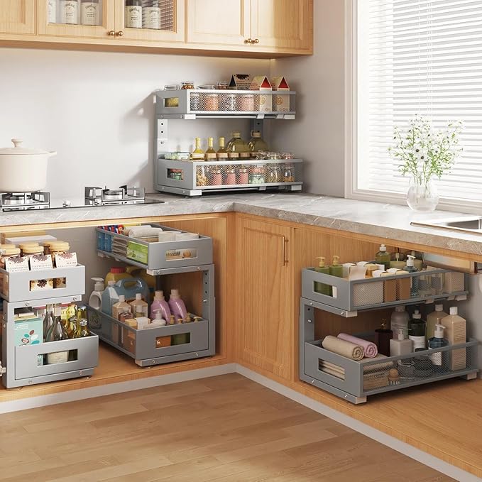 2 Packs 17IN Depth Under Sink Organizer, 2-Tier Pull Out Cabinet Organizer With Smooth Circular Rail, Large Capacity Metal Mesh Sliding Drawers For Bathroom& Kitchen Storage,Height Adjustable–Gun Gray