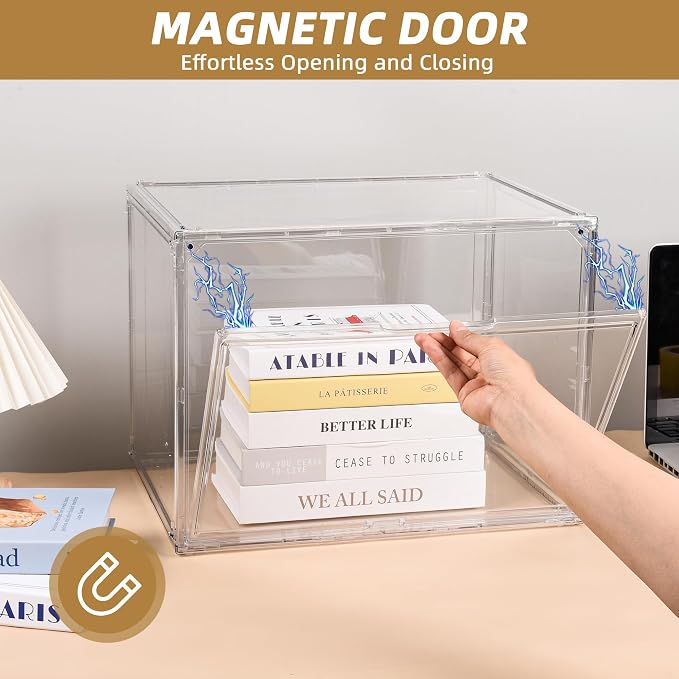 CELSOL Clear Acrylic Display Case – Stackable Storage Box with Magnetic Lid, Dustproof Organizer for Collectibles, Figures, Shoes, and Books – Large Size 14.2"x8.7"x10.6"