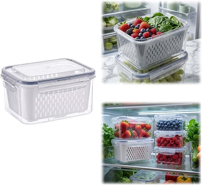 Fruit Storage Containers for Fridge with Removable Colander, Airtight Produce Storage Containers with Lids, Fridge Organizers and Storage for Berry, Fruit, Vegetables, Salad & Meal Prep (Gray, L)