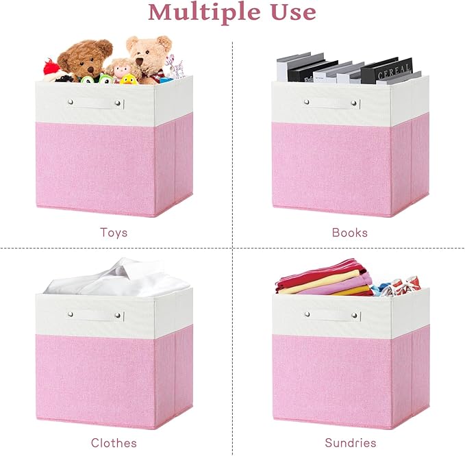 FinishingBo 13 x 13 Inch Fine Linen Storage Bins with Handles，Fabric Cube Boxs，Basket Organizers for Shelves for Home, Closet Drawers (White/Pink-4 Pack)