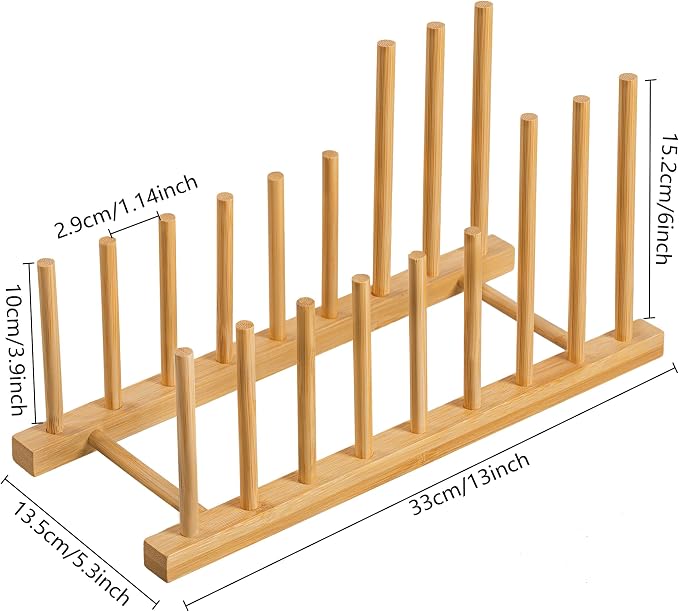 HBlife Heighten Bamboo Wooden Dish Drying Rack Plate Pot Lid Organizer | Plate Bowl Cup Book Pot Lid Cutting Board Stand, Drainer Storage Holder Organizer, For Kitchen Cabinet, 8 Slots