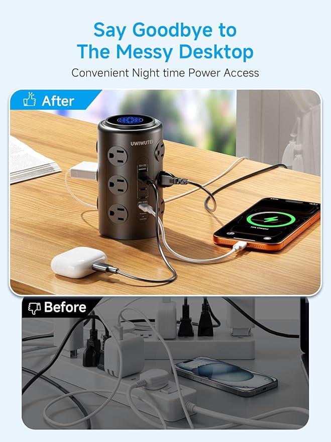 Tower Power Strip with 1 Dedicated PD 20W Fast-Charging Port, 12 Outlets, 5 USB Ports (3 USB-C), Desk Charging Station for Multiple Devices,15FT Extension Cord (Black)