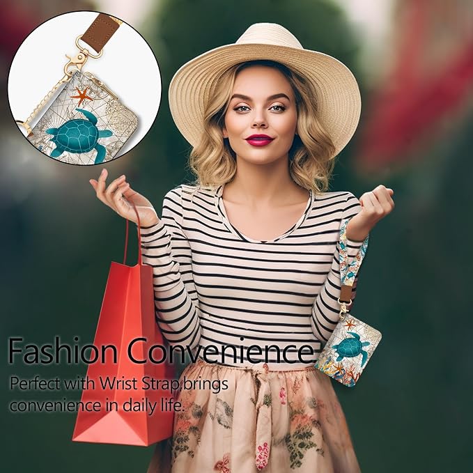 Blusabaca Women Credit Card Holder, Small RFID Wallet with Wristlet Strap | Removable Keychain, Case with Zipper, Vegan PU Leather, Cash Coin Pocket, Business Accordion Purse, Ladies Female Gift