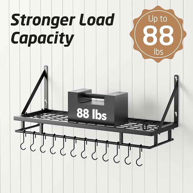 KES 30-Inch Kitchen Pan Pot Rack Wall Mounted, Hanging Storage Organizer | 88 Lbs Capacity, Wall Shelf with 12 Sturdy Hooks, 16-Inch Stud Mount, Matte Black, KUR215S75A-BK