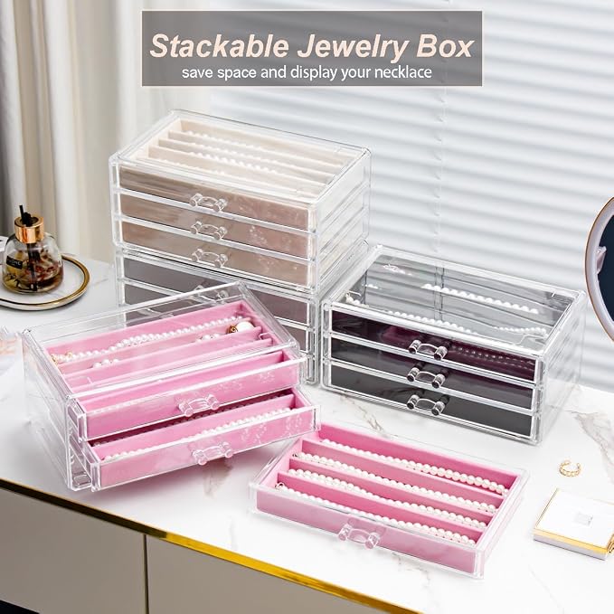 YUFONG Necklace Holder Organizer, Dustproof Necklace Box Velvet Necklace Organizer Box with Lid Clear Acrylic Dustproof Stackable Jewelry Displays for Necklaces Chain Display (Gray, 3 Drawer)
