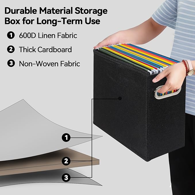 4 Pack Letter Size File Storage Box Collapsible, Fabric Hanging File Folders Organizer, Portable Office Document Holder with Metal Handle, Smooth PVC Rails, Black