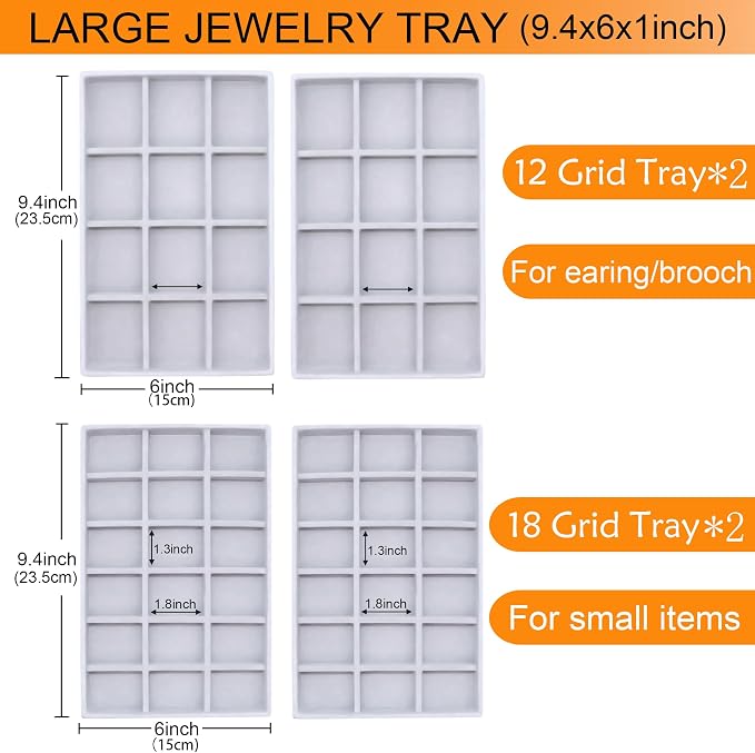 Set of 8 Stackable Jewelry Organizer X-Large Velvet Jewellry Trays Jewelryy Drawer Inserts, Earring Ring Brooch Necklace Bracelet Watch Display Plate with Removable Dividers