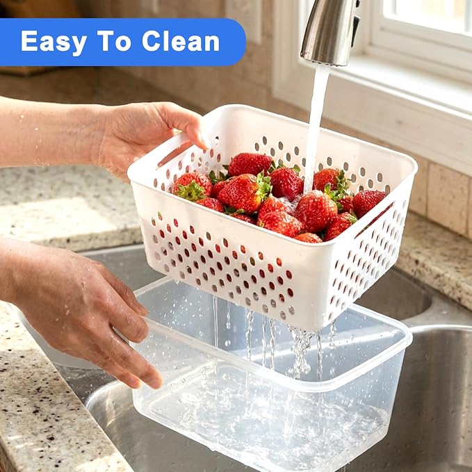 3 Pack Fruit Storage Containers for Fridge with Removable Colander,Airtight Produce Storage Containers with Lids Label Sheets, BPA-Free Berry Keeper for Fruit, Salad, Berry, Fresh(29oz+59oz+112oz)