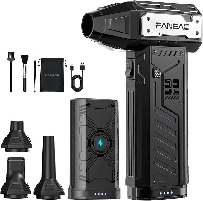 Electric Air Duster with 2 Swappable Battey Pack | 150,0000 RPM BLDC 150 mph Air flow, 3-Speed Compressed Air Duster for Dust/Snow Cleaning - 2-yr Warranty