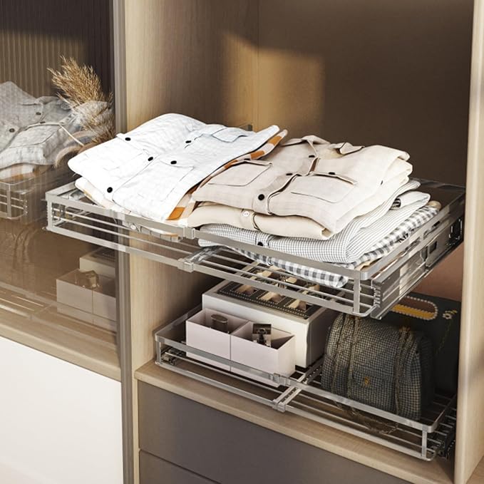 Pull Out Drawer Basket,Sliding Closet Drawer Organiser Shelves,Stackable Storage Bins,Load-bearing 10kg,for Kitchen Pantry Bathroom Cabinets(Cabinet width 41-66cm)