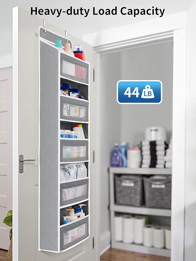 JARLINK 2 Pack Over the Door Organizer Storage, 5 Shelf Hanging Door Organizer with 5 Large Capacity Pockets, Anti Tilt 44 lb Load Behind Door Storage for Bedroom, Bathroom, Pantry, Nursery, (Grey)